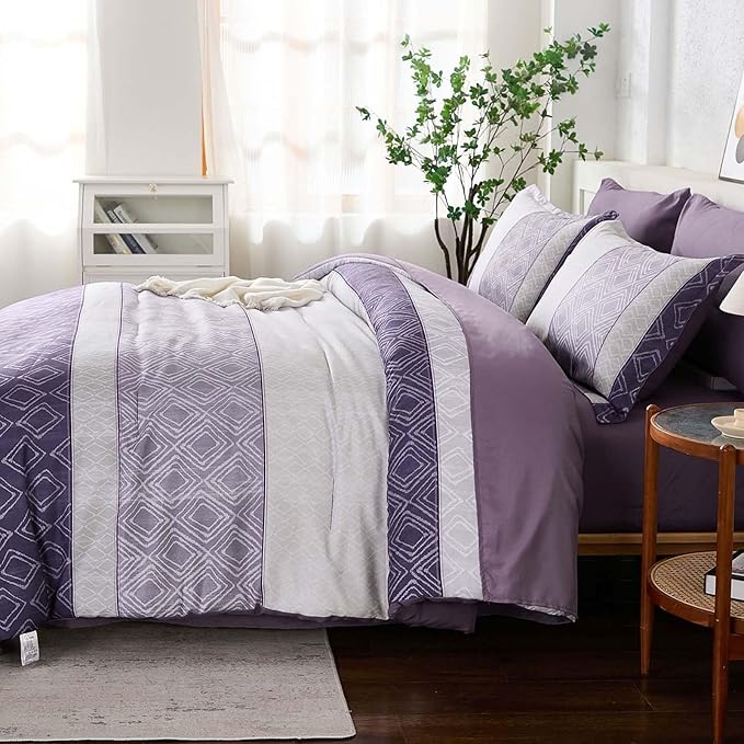 Dinjoy Boho Queen Comforter Set Purple,7 Piece Bed in a Bag Queen Size Breathable Summer Bedding Sets Plaid Striped Comforters Bed Set with Sheets for Family All Season