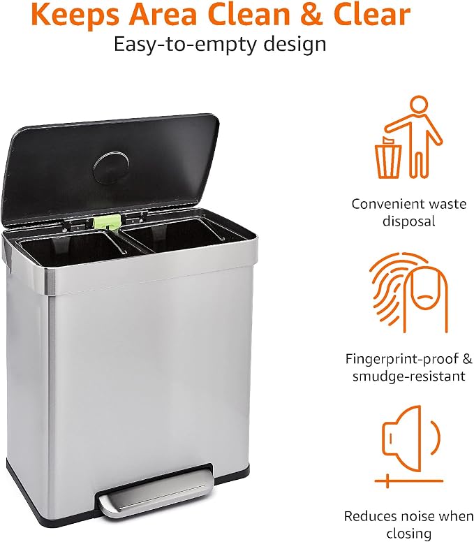 Amazon Basics Dual Compartment Recycling Trash Can with Soft-Close Lid, Fingerprint Resistant, Removable Liner Buckets, 60 Liters, Rectangular, Grey, Silver - Image 3