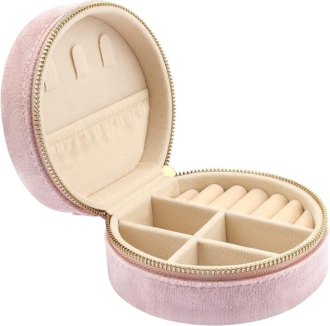 DesignSter Travel Jewelry Box - Velvet Mini Jewelry Organizer, Small Jewelry Case for Girls Women, Jewelry Storage Box for Rings Earrings Necklace (Circular, Lotus Pink) by DesignSter