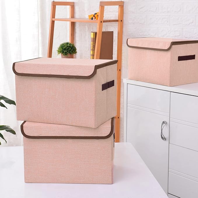 Bagnizer Linen Fabric Foldable Storage Cube Bin Organizer Basket with Flip-Top Lid & Handles, Large Clothes Blanket Box for Home, Office, Closet, Pink, 4 Pack 14.6 x 9.5 x 9.5” - Image 4