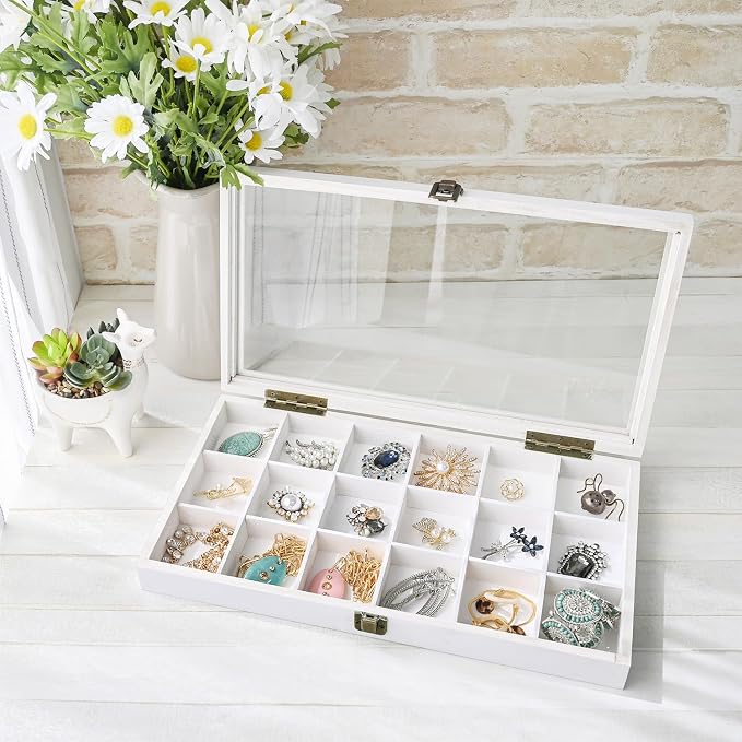 MOOCA Wooden Display Storage Case with Tempered Glass Lid for Jewelry and Beads with 18 Compartments Tray, 15 W x 8 3/8 L x 2 1/8 H in, Wash White Color - Image 6
