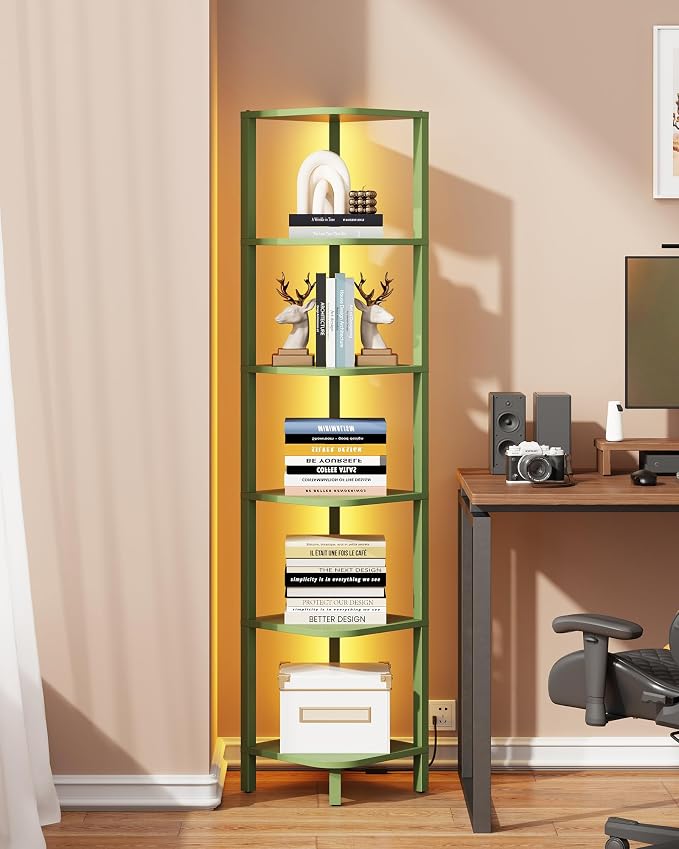 TUTOTAK Corner Shelf with LED Light, 6-Tier Corner Bookshelf for Small Space, Narrow Display Corner Shelf Stand with Storage Rack, for Living Room, Bedroom, Olive Green BS08BOG006L by ChoosetutotakFurnitureBuildYourCozyHome