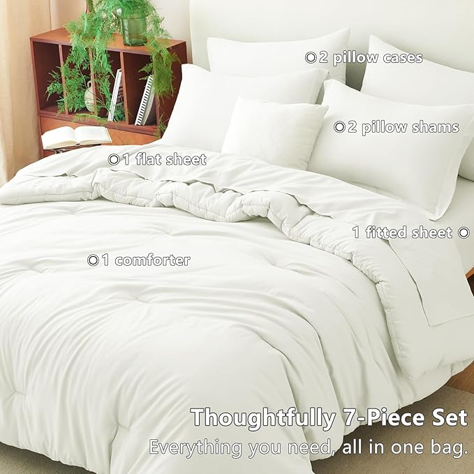 CozyLux Full Size Comforter Sets Ivory, 7 Pieces Bed in a Bag Full Comforter Set with Sheets, Luxury Soft Bedding Set with Down Alternative Comforter, Fitted Sheet, Flat Sheet, Pillowcases & Shams