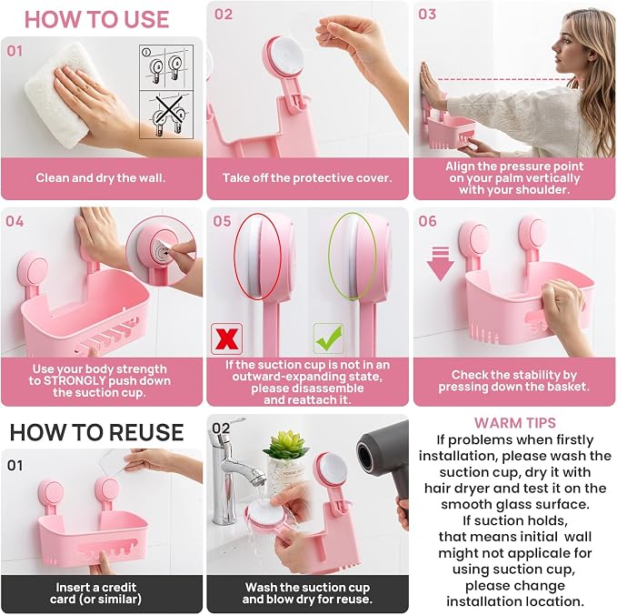 LEVERLOC Shower Caddy Suction Cup Set Shower Organizer & Soap Holder & Toothbrush Holder, Bathroom Shelf Basket NO-Drilling, Removable Suction Storage Waterproof Bathroom Caddy, Pink - Image 5