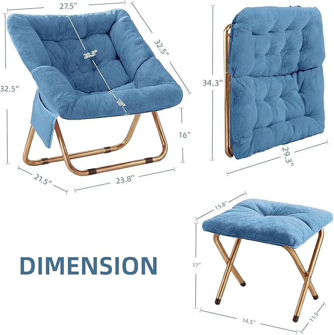 Kasunpul Comfy Saucer Chair, Foldable Living Room Chairs, Soft Faux Fur Lounge Chair for Bedroom, Reading Chairs for Adults, Teens, X-Large (Blue)
