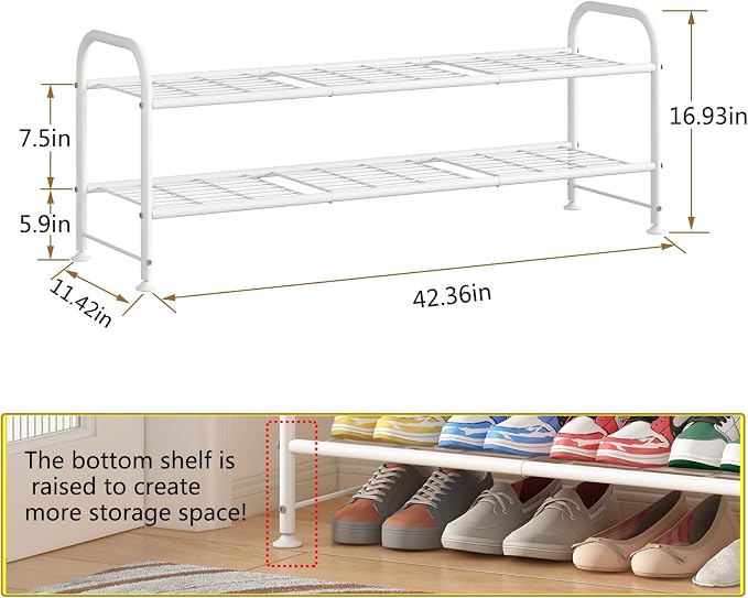 LINZINAR Shoe Rack Long 2 Tier Shoe Storage Organizer Metal Wide Shoe Shelf for Closet Entryway Bedroom 18 Paris Large Capacity, White - Image 3