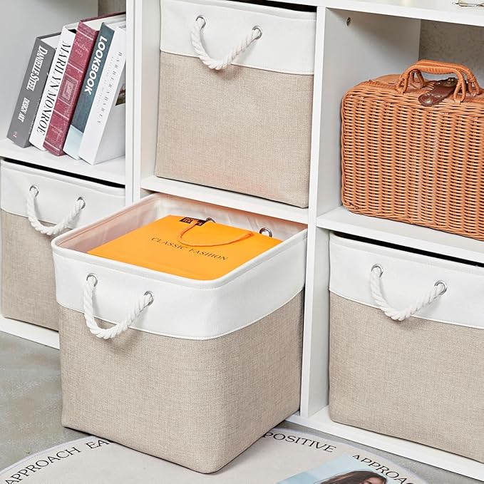 13 x 13 Inch Storage Cubes，6 Pack Cube Storage Bins for Shelves，Fabric Collapsible Storage Bins with Handles, Foldable Storage Basket for Organizing Clothes, Toys, Books (White&Beige) - Image 4