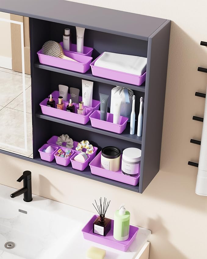 BiuLeon 25 PCS Plastic Drawer Organizers Set, 4-Sizes Vanity and Makeup Organizer, Desk and bathroom Drawer Organizer Trays, Organizers and Storage for Makeup, Jewelry, Gadgets, Utensils (Purple) - Image 6