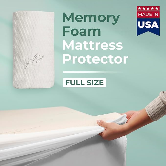 Memory Foam Mattress Protector – Organic Cotton with Eco-Friendly Greenshield Water Resistance – Kool-Flow Breathable Stretch Fabric – All USA Made – Best for Plush Beds – Full