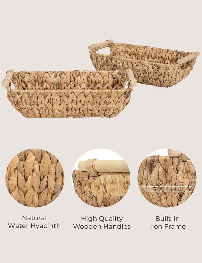 StorageWorks Hand-Woven Small Wicker Baskets, Water Hyacinth Storage Baskets with Wooden Handles, 2-Pack - Image 3