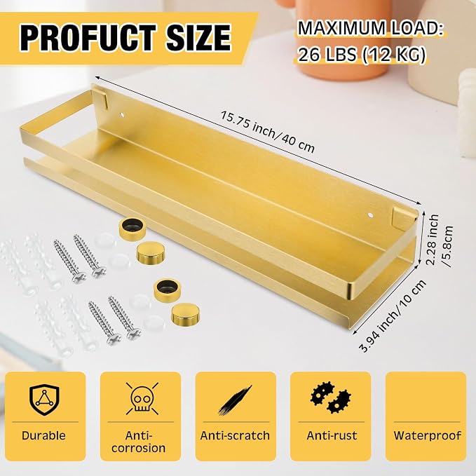Lallisa 2 Pieces Stainless Steel Shelf Bathroom Shower Floating Shelves Wall Mounted Shower Caddy Basket Shelf Storage Organizer Shelves for Bathroom, Kitchen, Living Room(15.75 Inch/ 40 cm,Gold) - Image 2