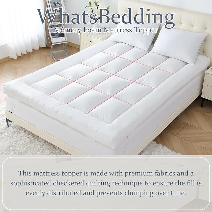 WhatsBedding 5 inch Memory Foam Mattress Topper Queen Size for Back Pain, Soft Breathable Cover, Comfort Supportive Pillow Top Mattress Topper, 2000GSM Fluffy Shredded Memory Foam Filled