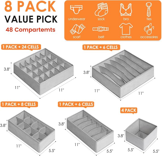 Drawer Organizer Clothes, 8 Pack Dresser Organizer Bins for Baby Clothes, Underwear Sock, Fabric Closet Organization and Storage Dividers for Nursery Bedroom (48 Compartments, Grey) - Image 3