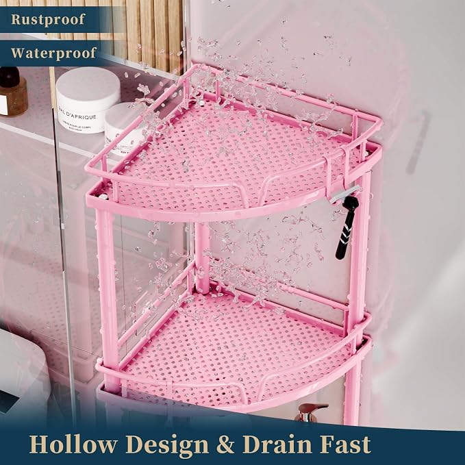 Consumest Corner Shower Caddy Stand - 3 Tier Shower Organizer with Soap Holder, Tall Floor Corner Shelf Standing with Adjustable Feet & 4 Hooks, Storage Rack for Bathroom Pink - Image 5