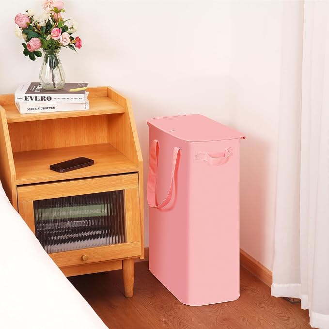 efluky Slim Laundry Basket with Lid, Narrow Laundry Hamper with Handles, Collapsible Dirty Clothes Hamper, Tall Laundry Bin for Laundry Room, Dorm and Bedroom, 55L Pink - Image 5