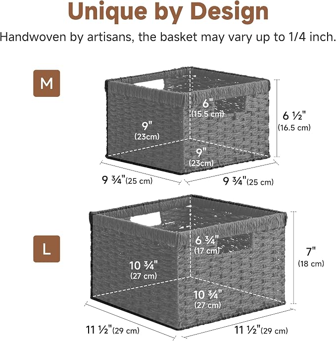 StorageWorks Wicker Basket with Handle, Wicker Storage Baskets for Organizing, Decorative Storage Baskets for Shelves, Paper Rope, Black, 2-Pack - Image 2