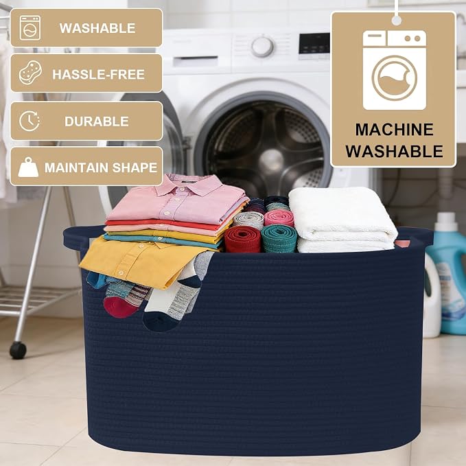 Large Blanket Basket,Woven Rope Basket Storage Bin with Handles,65L Rectangle Laundry Basket for Magazines,Toys,Clothes,Newspaper Shelf Organization,Nursery and Living Room,Navy - Image 7