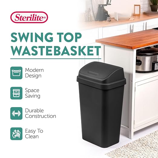 Sterilite 16-Pack Swing Top Wastebasket, Sleek Square Profile Trash Can, 13 Gallon, Black - Modern Garbage Bin for Kitchen, Bathroom, Garage and Workspace, Fits 13 Gal Liners - Image 2