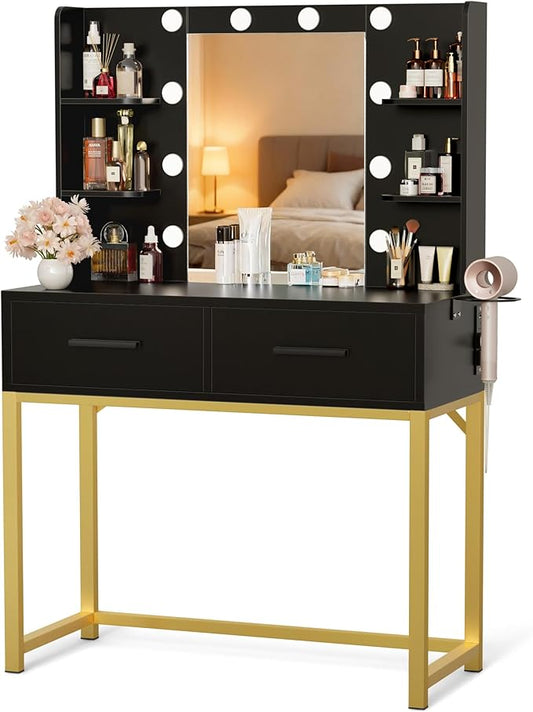 YESHOMY Vanity Desk with Mirror, Makeup Table with 2 Large Drawers, Power Outlet and Round Holder, 3 Color Modes Adjustable Bulb, Pure Black & Golden