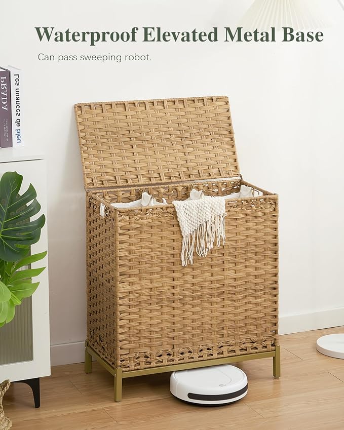 SETVSON Laundry Hamper with Lid 132 L, (35 Gallons) Clothes Hamper with Lid, Handwoven Rattan Laundry Hamper with Metal Heightened Feet, Laundry Hampers with 3 Removable Liner Bags for Laundry-Natural - Image 2
