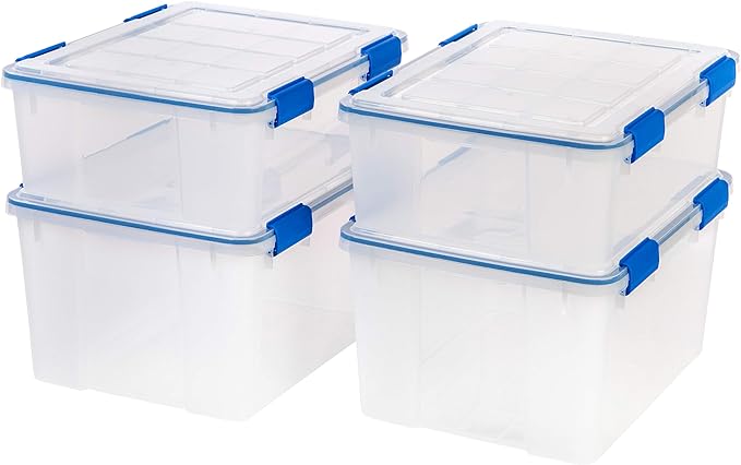 IRIS USA WeatherPro 27 & 44 Qt Storage Bins with Lids, 4 Pack, BPA-Free Plastic Gasket Box with Tight Latch and Seal, Stackable Nestable Tote Tub - Clear/Blue by IRISUSA