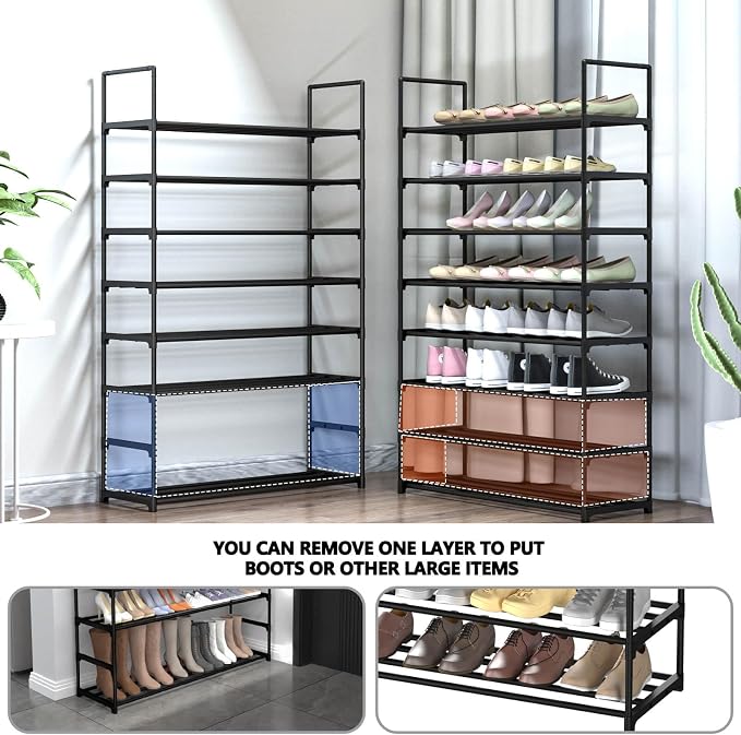 Hsscblet 8 Tiers Metal Shoe Rack,Adjustable Shoe Shelf Storage Organizer with Hooks,Stackable Boot & Shoe Storage,for Entryway,Hallway,Closet,Black - Image 5