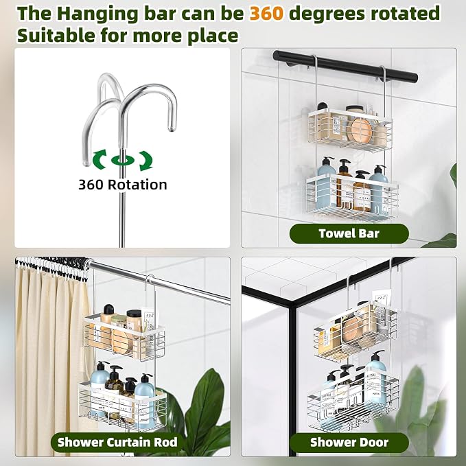 YUOROS Shower Caddy Hanging, 2 Tier Over the Door Shower Organizer Rack 304 Stainless Steel Rustproof Bathroom Storage Shampoo Holder Basket (Silver) - Image 5