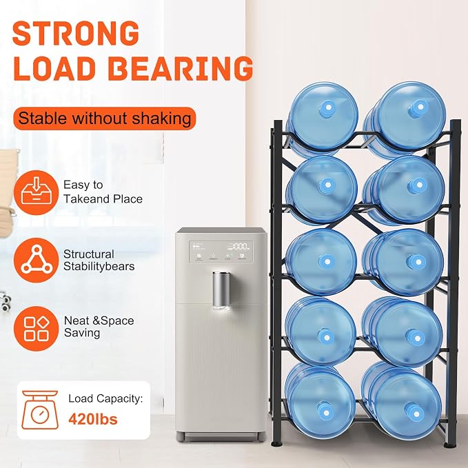 Semoprus 5 Gallon Water Bottle Holder for 10 Bottles, 5 Tiers Double Row Water Jug Holder, Detachable Heavy Duty Water Jug Stand, Water Jug Rack for Office, Kitchen, Garages, Restaurant, and Gym - Image 4