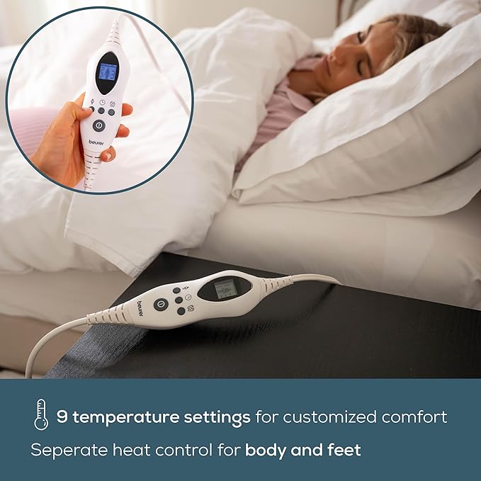 Beurer UWB80 Heated Mattress Pad King, Dual Control Electric Mattress Cover with Separate Feet/Body Heat, Auto Shut Off, 9 Warming Levels, Overheat Protection, Soft Quilted Fabric, King 76" x 80"