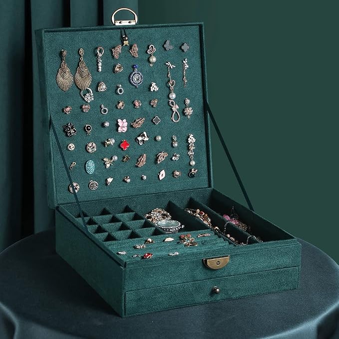 Women Jewelry Box Lockable 3 Layers Large Jewelry Organizer Storage Case for Earrings Necklaces Rings Bracelets,Green Display Jewel Holder (Green) - Image 3