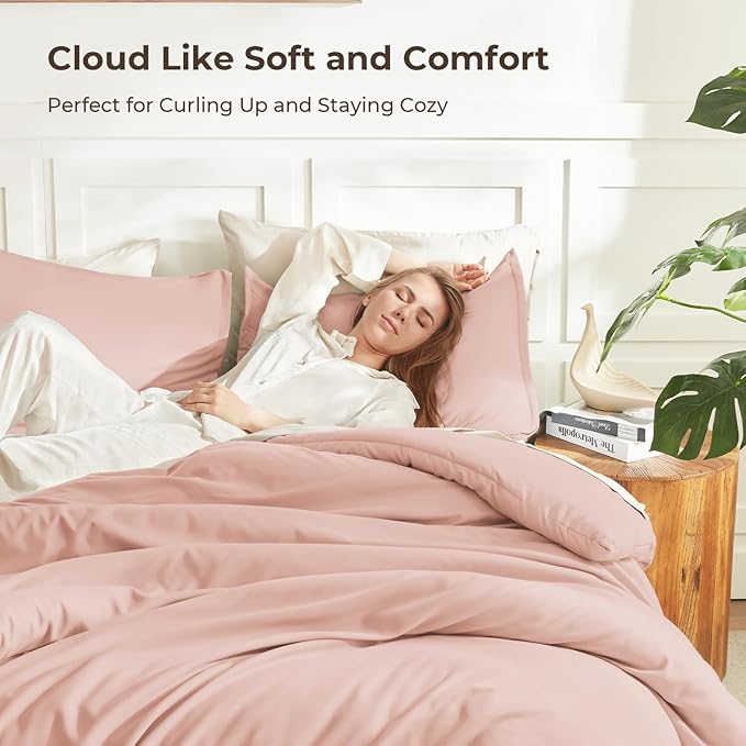 Litanika Pink Queen Size Comforter Set, 3 Pieces Blush Plain Bedding Comforter Set, All Season Bed Set (90x90In Comforter & 2 Pillowcases)