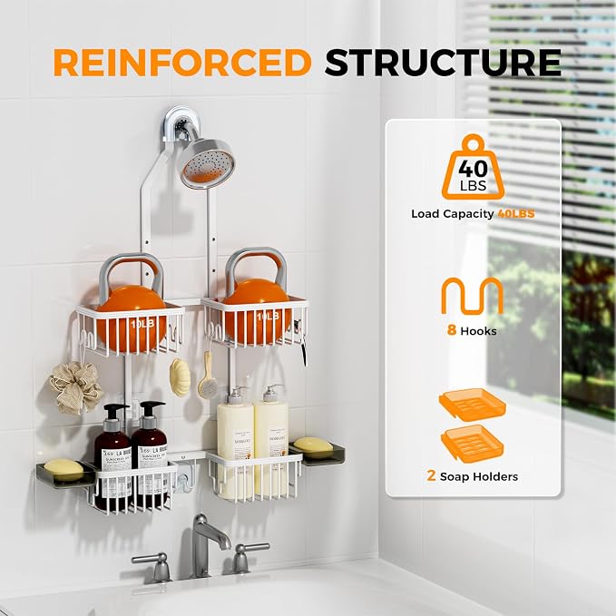 REINHARDT Aluminum Shower Caddy Hanging Adjustable Shower Caddy, Rustproof Hanging Shower Organizer with Hooks Soap Holders, Over Shower Head Caddy for Handheld Showerhead, White - Image 4