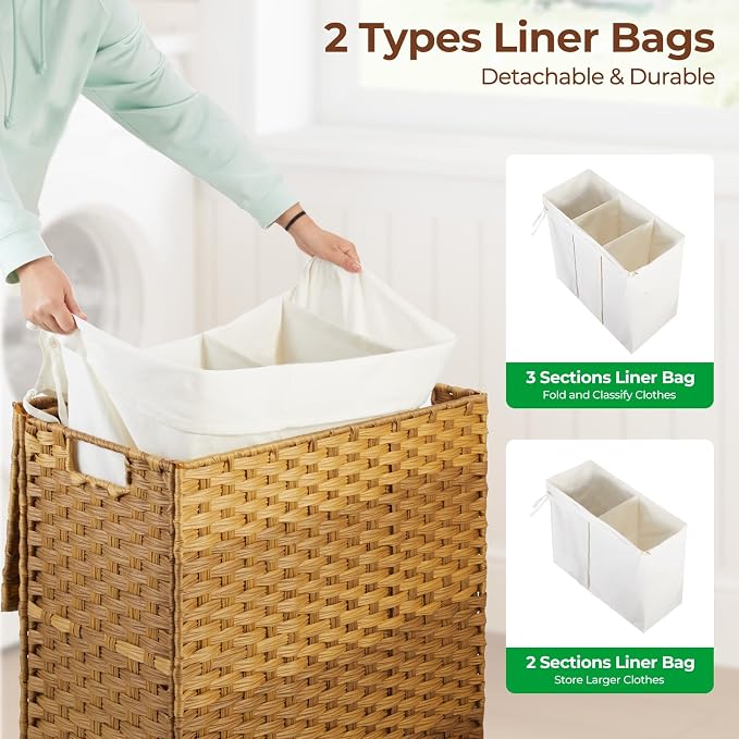 Greenstell Laundry Hamper with Lid, 125L Wicker Laundry Baskets with 2 Removable Liner Bags & 5 Mesh Laundry Bags, Handwoven Rattan Clothes Hamper with Handles for Clothes in Bathroom, Bedroom - Image 3