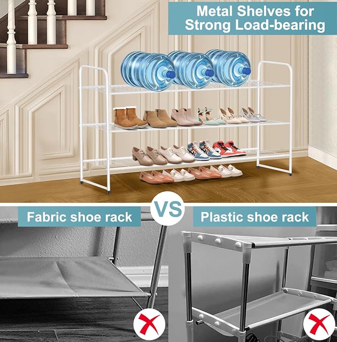 AOODA Long 3 Tier Metal Shoe Rack for Closet Wide Stackable Shoe Storage Organizer for Entryway, Bedroom, Floor, 24-Pairs Men Sneakers Boot Shelf with Wire Grid, White - Image 4