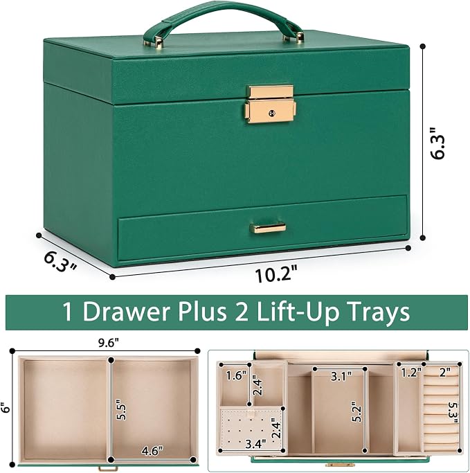 AKOZLIN Travel Jewelry Box Organizer Functional 2-trays Leather Jewelry Storage Case with Lockable Portable Drawer for Women Girls Ring Necklace Earring Bracelet - Image 6