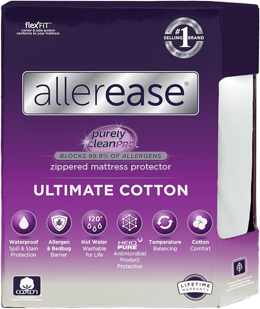 AllerEase Ultimate Cotton Top Allergy Protection and Comfort Zippered Mattress Protector Full, White
