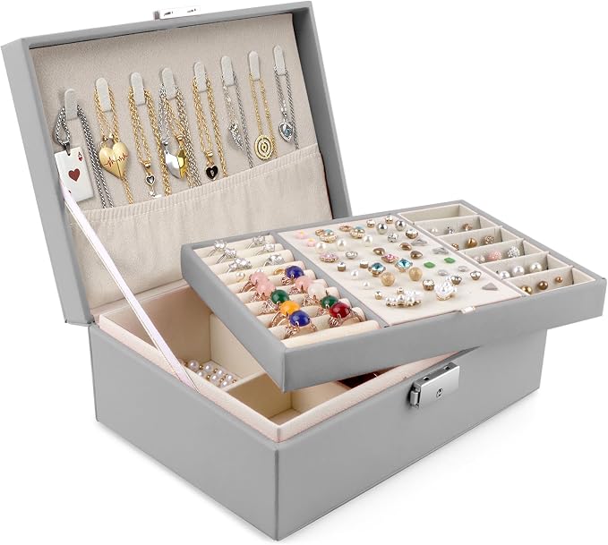 Homeanda Jewelry box 2 layer Jewelry box Leather Jewelry boxes for Women Girls Teens Jewelry organizer box Jewelry Storage box with lock(Grey) by Homeanda