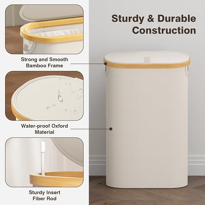 Slim Laundry Hamper with Lid, 60L Small Laundry Basket with Handles&Removable Bag, Thin Dirty Clothes Hampers for Laundry, Narrow Laundry Hampers for Bedroom Aesthetic, Beige - Image 6