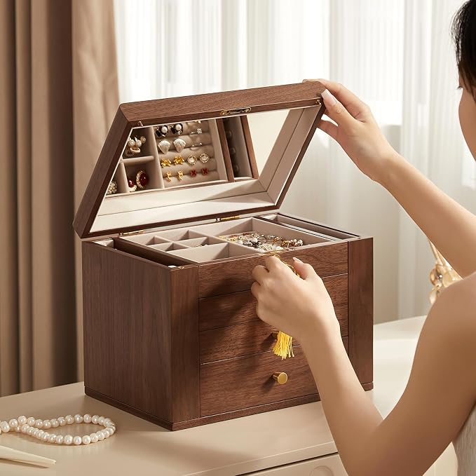 CHOSIN Black Walnut Wooden Jewelry Box, 4 Layer Lockable Wood Jewelry Organizer with Mirror, Side Doors & Brass Handle, Classical Design for Rings, Necklaces, Earrings, Mothers Day Gifts for Mom - Image 5