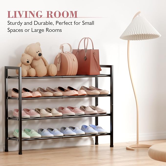 Bumusty 4-Tier Expandable Shoe Rack for Closet, 18“-33” Adjustable Shoe Rack for Small Space, Small Shoe Organizer for Front Door, Sturdy Metal, Black - Image 4