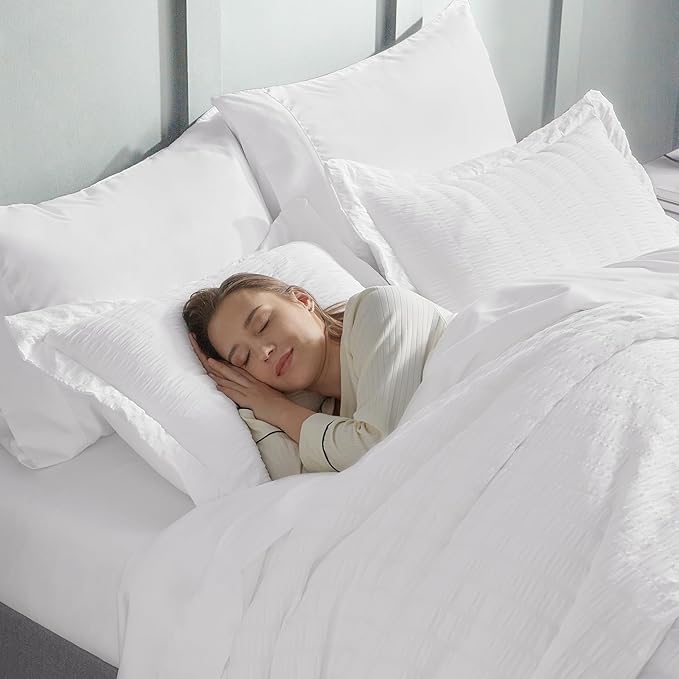 CozyLux Twin XL Seersucker Comforter Set with Sheets White 5 Pieces Bed in a Bag Twin Extra Long Luxury Soft Bedding Sets for College Dorm with Down Alternative Comforter, Sheets, Pillowcase & Sham