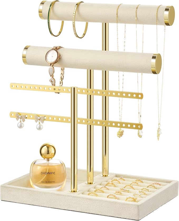 bussdis 3 Tier Bracelet Holder Display - Detachable T Bar Beige Velvet Bracelet Holder, Jewelry Holder Organizer for Bracelet, Necklace, Earrings, Rings by BUSSDIS