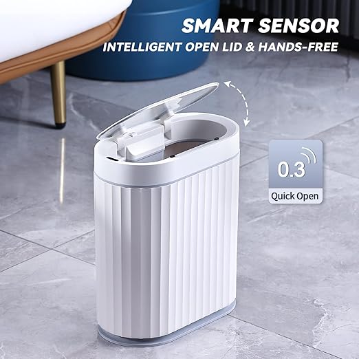 ELPHECO Bathroom Trash can Motion Sensor, AutomaticGarbage can, Slim Plastic Smart Trash Bin with Lid, Commercial Intelligent Wastebaskets for Bedroom, Bathroom, Office, White Grey - Image 4