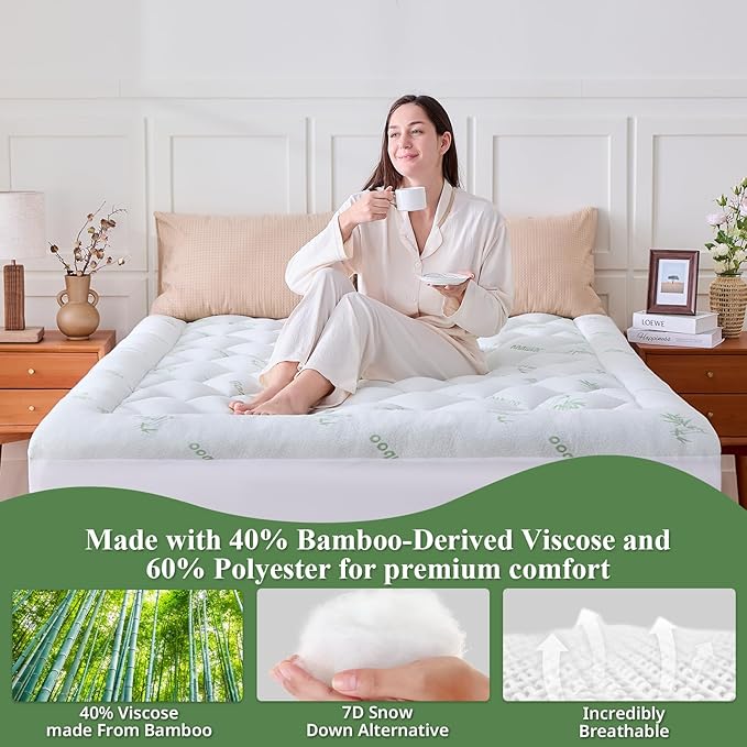 California King Mattress Topper, Viscose Derived from Bamboo Thick Pillow Top Mattress Pad with Deep Pocket, Naturally Cooling for Hot Sleepers, Soft for Back Pain Relief, White