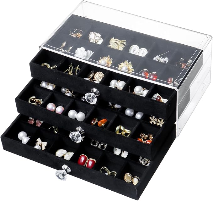 SPAKOWN Earring Box Holder Organizer Case, Clear Velvet Jewelry Storage Tray Organizer for Earring Ring Stud (Black - 3 Drawers) by SPAKOWN