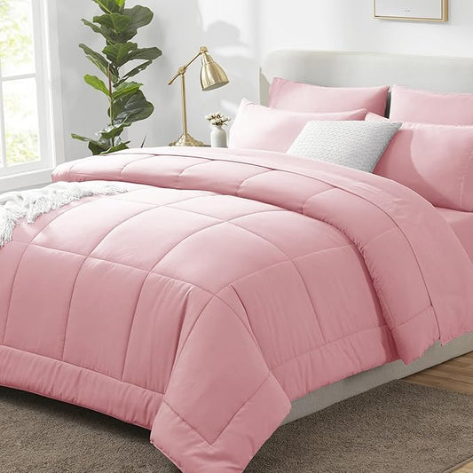 CozyLux Queen Comforter Set Pink, 7 Pieces Bed in a Bag, Pink Comforters Queen Size, All Season Bedding Sets with Stitch Quilted Comforter, Flat Sheet, Fitted Sheet, Pillowcases