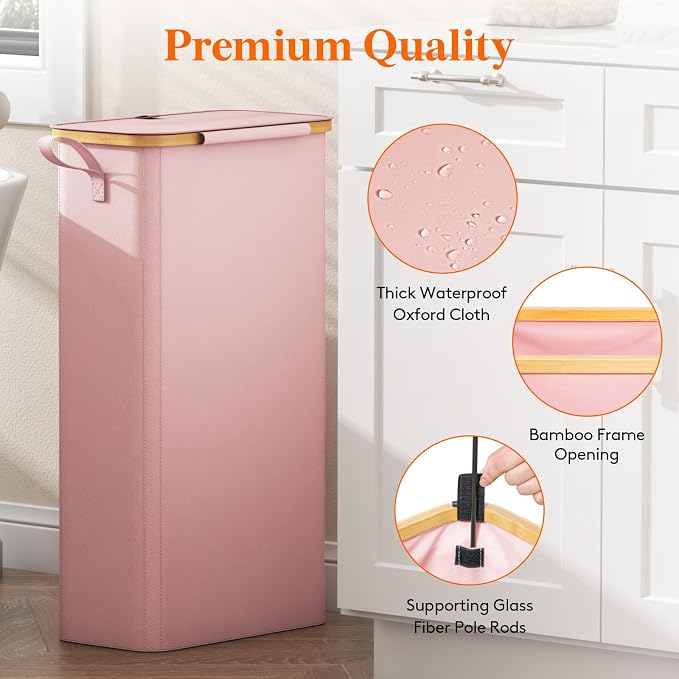 Lifewit 65L Slim Laundry Hamper with Lid, Narrow Laundry Basket with Removable Bag & Bamboo Handles, Fodable Thin Dirty Clothes Hamper for Laundry Collapsible Bin for Bathroom Bedroom Dorm, Pink - Image 7