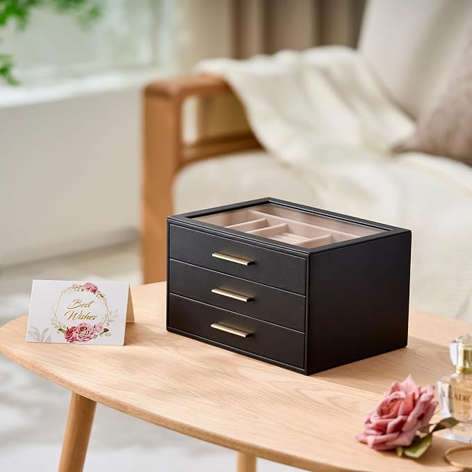 pickpiff Jewelry Box Organizer Case for Women: 3-Layer Jewelry Storage Case with Glass Window, Black Leather with Blush Velvet, Holder for Ring Necklace Bracelet Brooch Watch, Great Gift for Her - Image 6