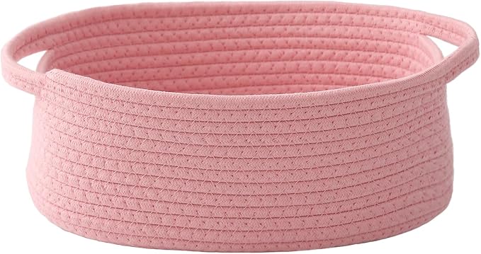 JMvicyroam Woven Basket,Small Rope Storage Bin with Handles & Ribbon Bag, Organizer for Shelves Closets,Gift Basket Empty for Birthday,Books,Dog Toys, Pink by JMvicyroam