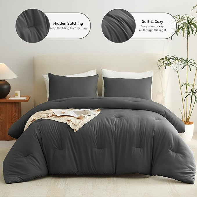 CozyLux Twin Comforter Set Dark Grey, 2 Pieces Twin Extra Long Solid Breathable Bedding Set for College Dorm, Twin XL Dark Gray Luxury Soft Bed Set with Down Alternative Comforter and 1 Pillowcase